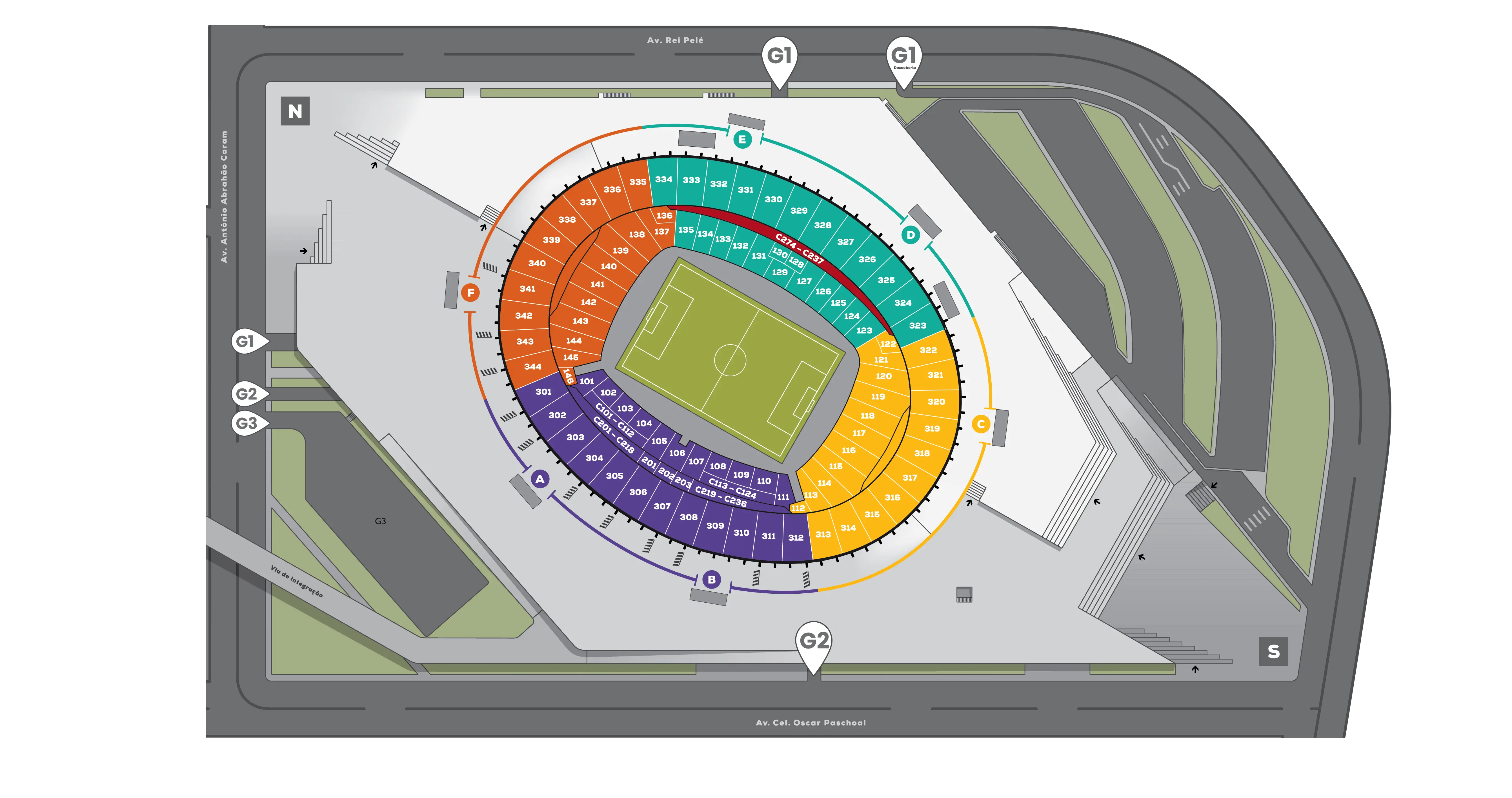 Ilustração com a localização dos portões de entrada do Mineirão e como chegar a partir dos estacionamentos